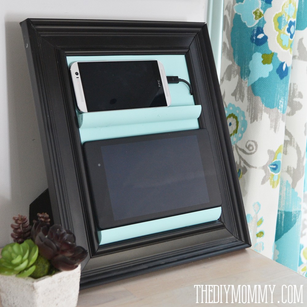 How to make a counter top tablet and phone holder and charging station out of a picture frame and some trim