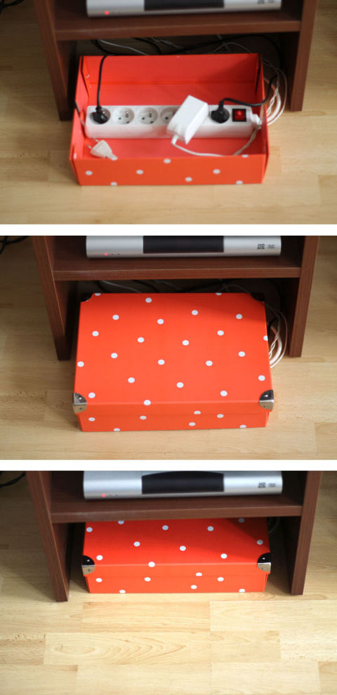 And when all else fails, use a box to keep a power strip and chargers organized but far from view. If you store this box near your media center (as you should!) you can add plug for your TV and lamps, too. Get the tutorial at Simplette » 