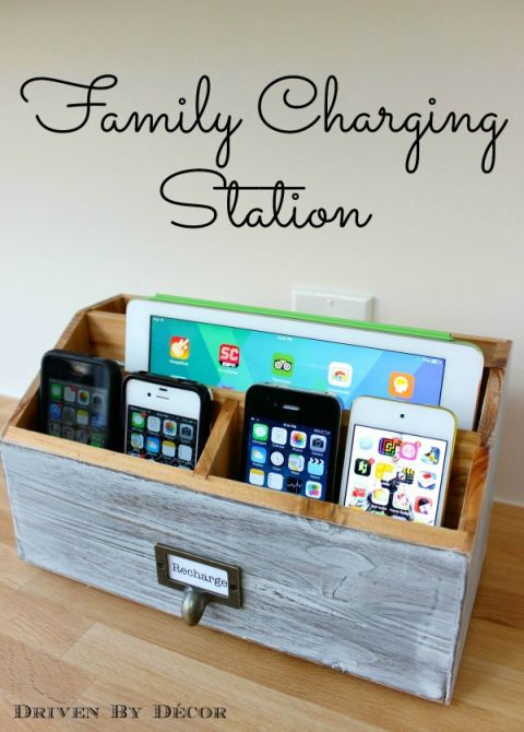 If you have a rule that your kids have to stop using their phones before bed, do as this mom did and create a charging station with enough compartments for each device. That way, it's super easy to figure out if someone forgot to follow the house rules. Get the tutorial at Driven By Decor » 
